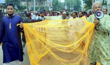 মশা নিধনে কার্যকর পদক্ষেপ গ্রহনের দাবিতে মশারী নিয়ে প্রতিকী শোভাযাত্রা